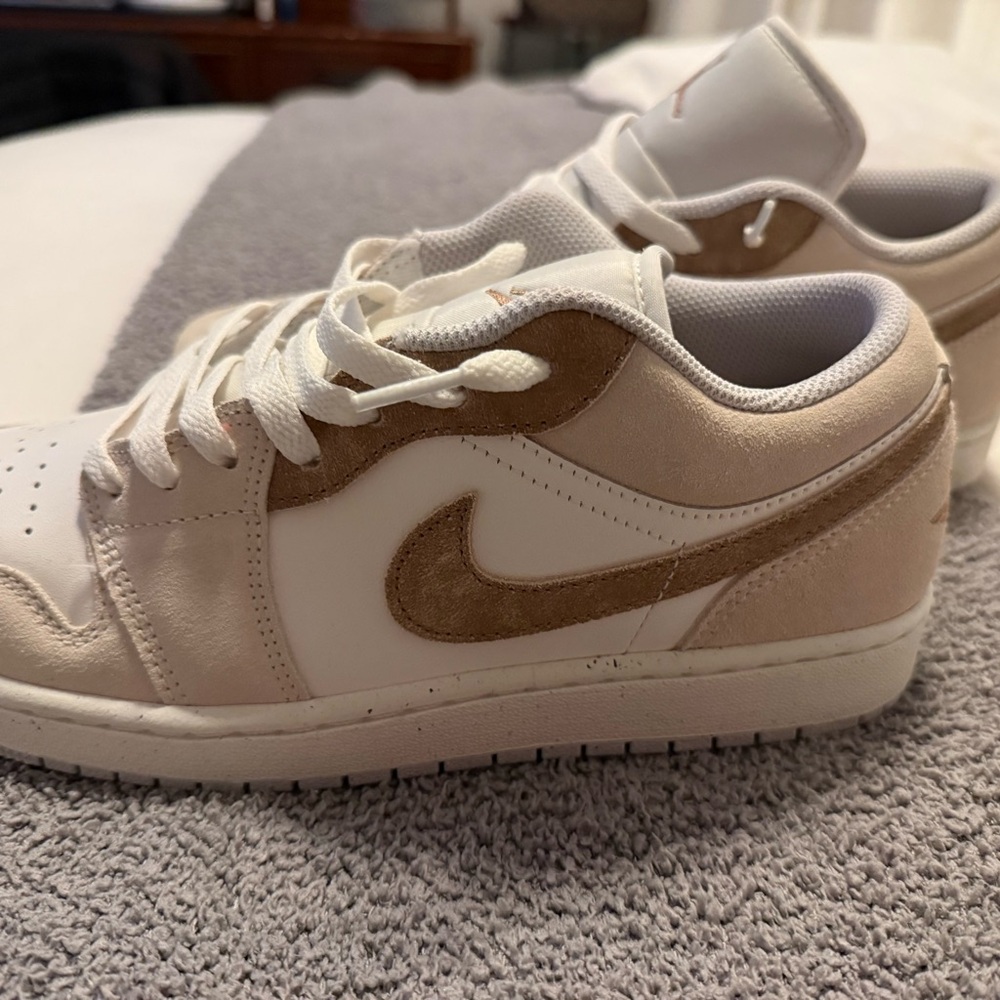 Nike White and Tan Jordan 1s